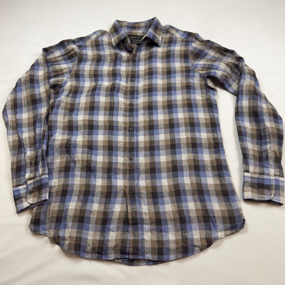 Massimo Dutti 100% Linen Plaid Button Down Shirt Mens Med Blue Brown‎ Plaid
